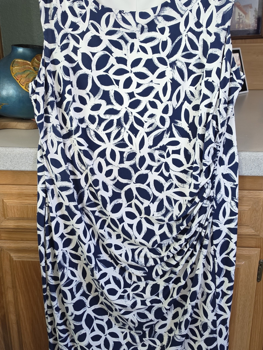EUC Ralph Lauren Women’s Navy & White Printed Sleeveless Ruched  Midi Dress 18W